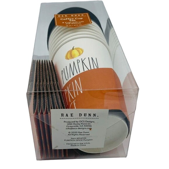 Rae Dunn PUMPKIN SPICE Set of 8 Travel Coffee Cups Sleeves Lids Fall NEW 2019 - Picture 3 of 5